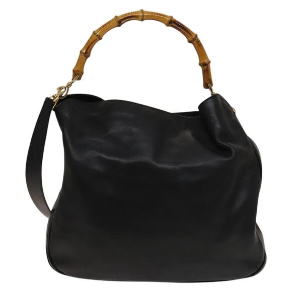 GUCCI Bamboo Shoulder Bag Leather Black Gold 001 001 - Picture 3 of 16